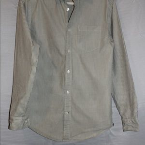 JcPenny dress shirt with green and navy blue striped pattern(primary white